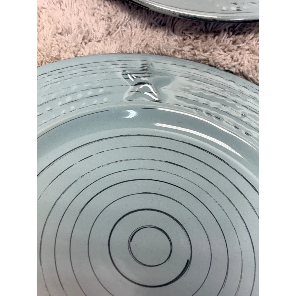 Pfaltzgraff Trellis Coastal Teal Salad Plates Set of 4 Starfish Shells 8.25in